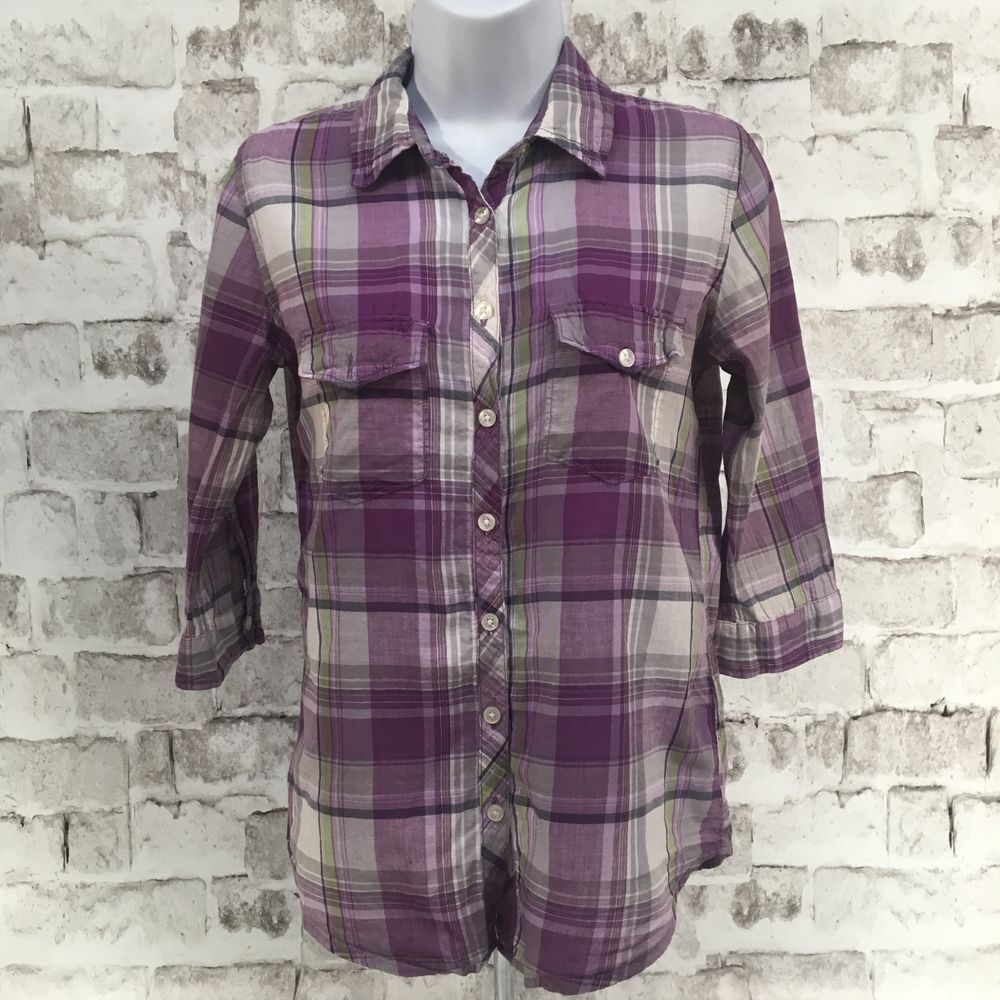 Aeropostale Women's Size S Shirt Top Button-Down Purple Plaid 3/4 Sleeve